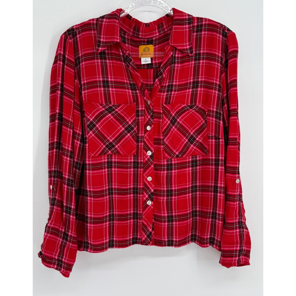 Ruby Rd Womens Red Plaid Button Down Shirt Long Roll Tab Sleeve Rayon Sz L